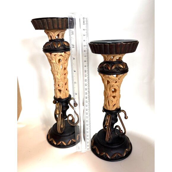 Vintage Ornate Resin & Metal Candle Holders Pair Black & Beige 12”&10" Tall Pair - Picture 3 of 3